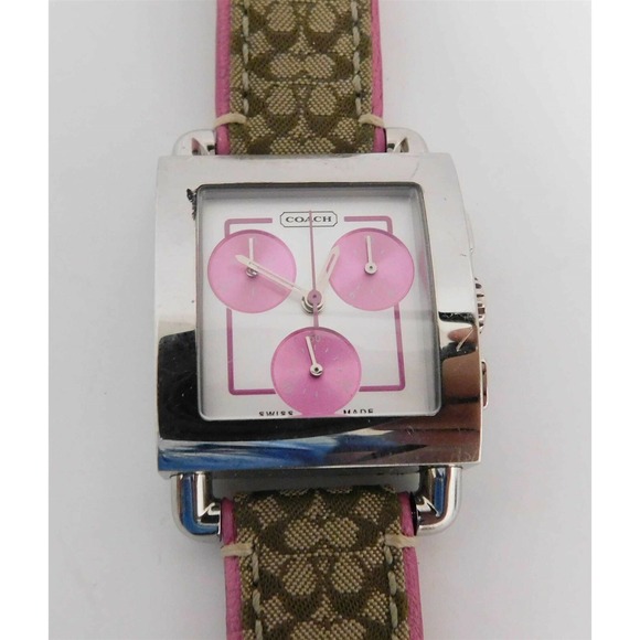 Coach 0253 Square Steel Chronometer Watch Khaki Signature Pink Leather Band - Picture 1 of 3